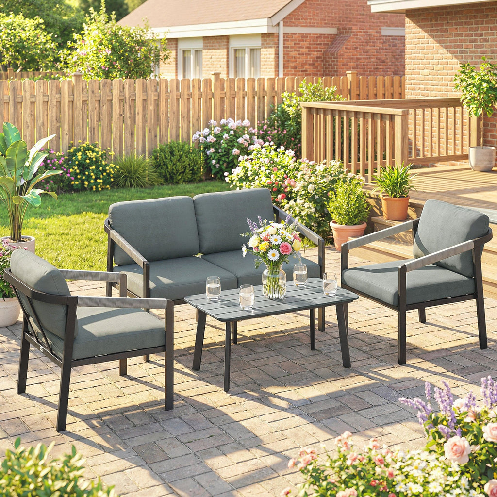 Outsunny Aluminium Garden Furniture Set, 4 Seater Outdoor Patio Furniture with Loveseat, 2 Armchairs, Slatted Table - Wise Galleria Garden Furniture Sets