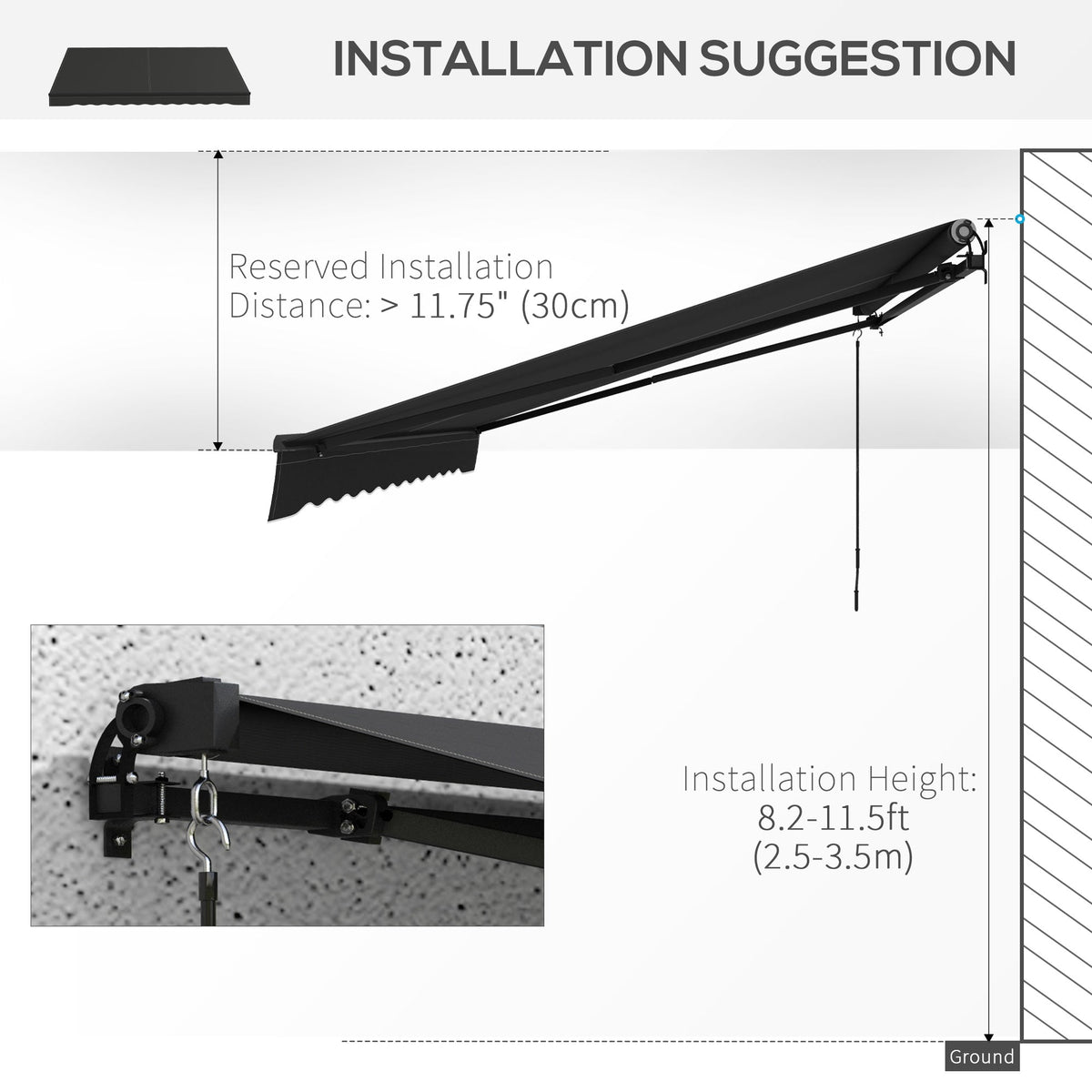 12' x 10' Retractable Awning with Manual Crank, 280gsm UV Resistant Fabric and Aluminum Frame, Black