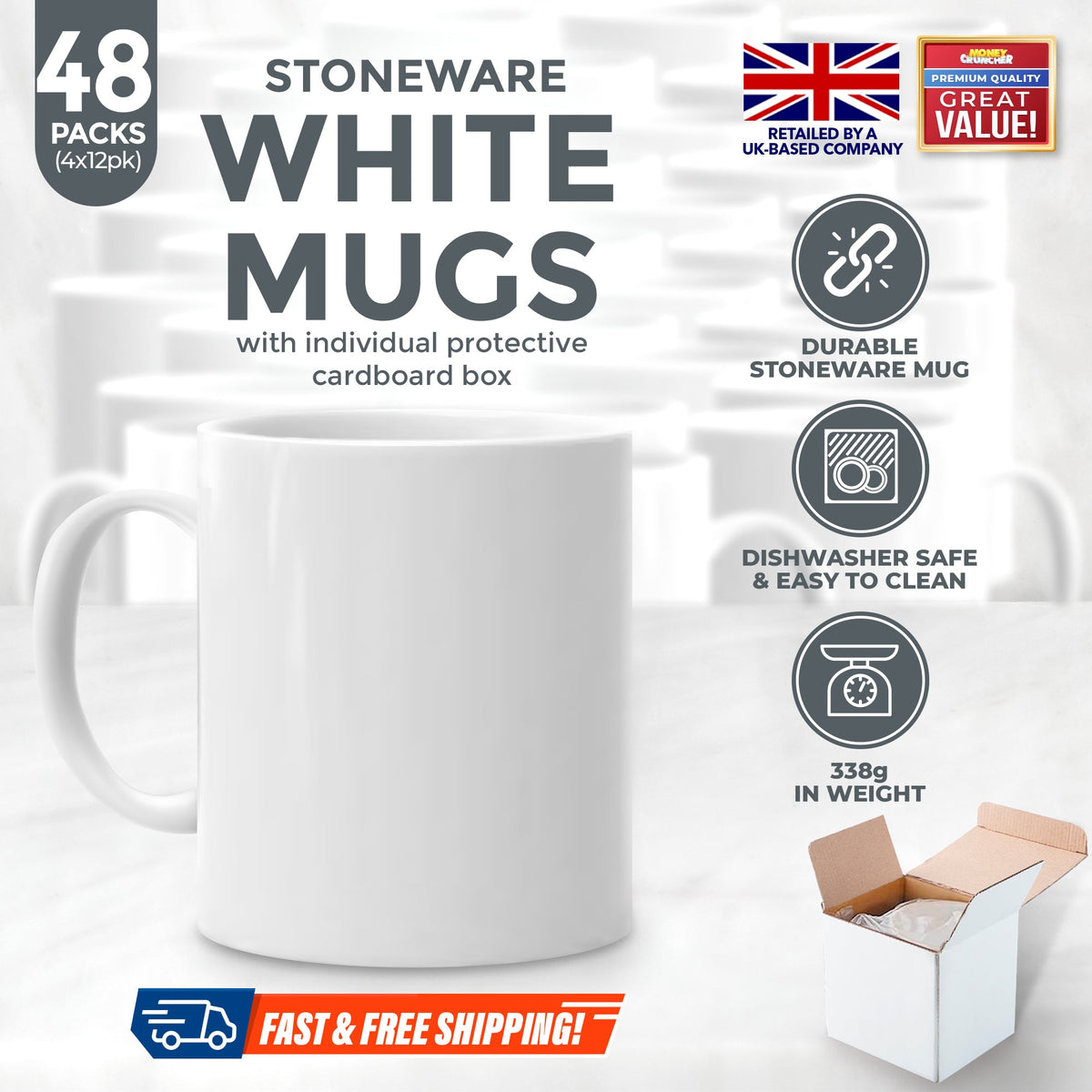 12-48 Plain White Mugs 330ml | Large Coffee & Tea Cups
