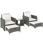 5 Piece Rattan Patio Set with 2 Chairs, 2 Ottomans & 2-Tier Table, Cream White