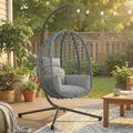 Outsunny Hanging Egg Chair, Indoor Outdoor Rattan Hammock Swing Chair with Stand, Safety Strap, Foldable Basket, Dark Grey - Wise Galleria Rattan Furniture