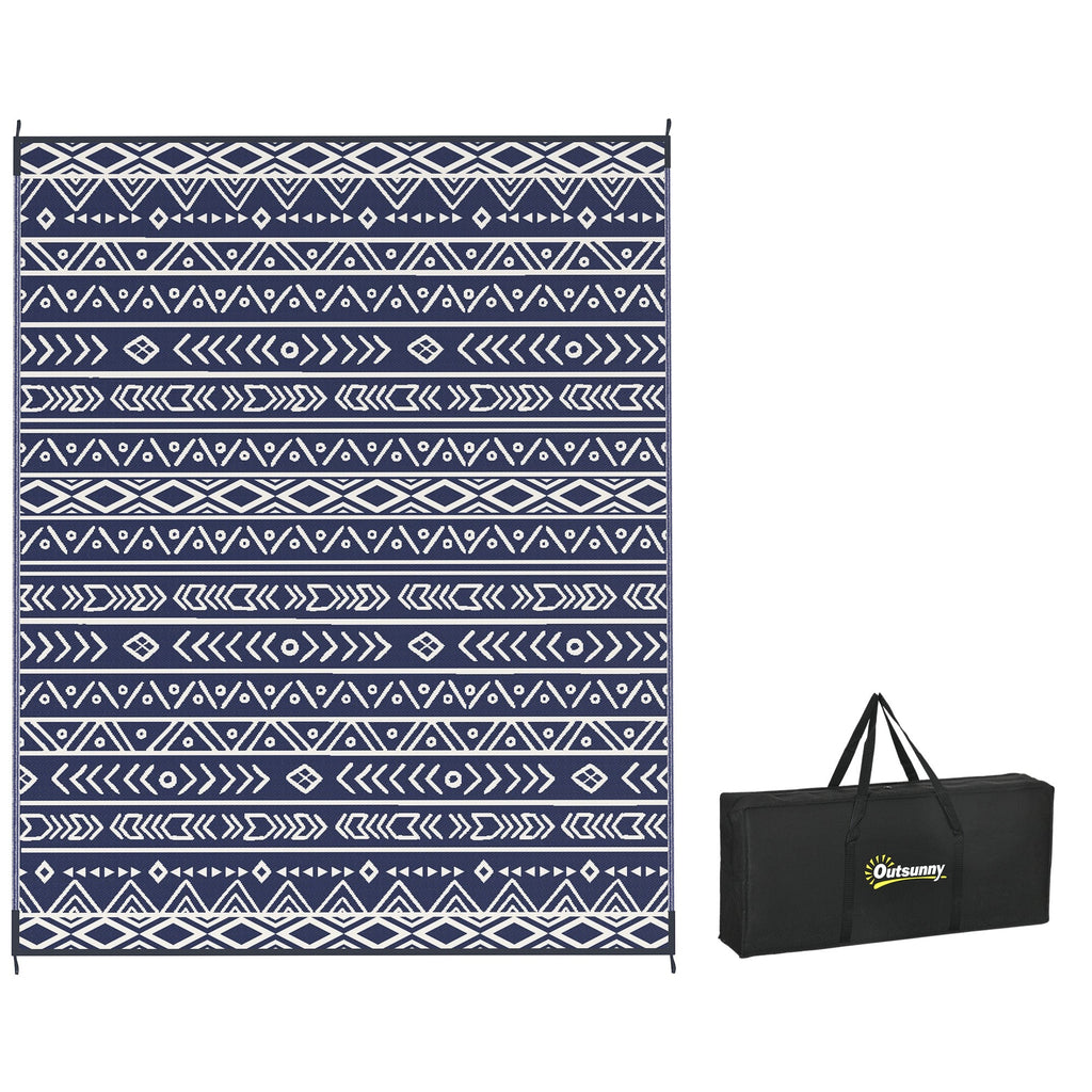 8' x 10' Reversible Waterproof Plastic Straw Outdoor Rug in Blue & White Geometric