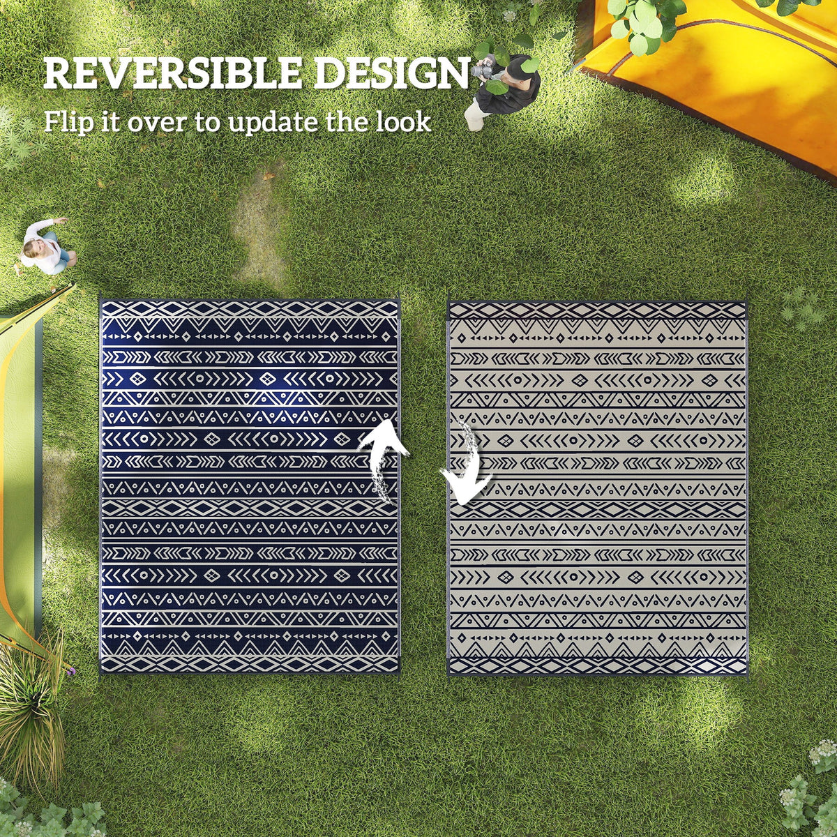 8' x 10' Reversible Waterproof Plastic Straw Outdoor Rug in Blue & White Geometric