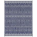8' x 10' Reversible Waterproof Plastic Straw Outdoor Rug in Blue & White Geometric