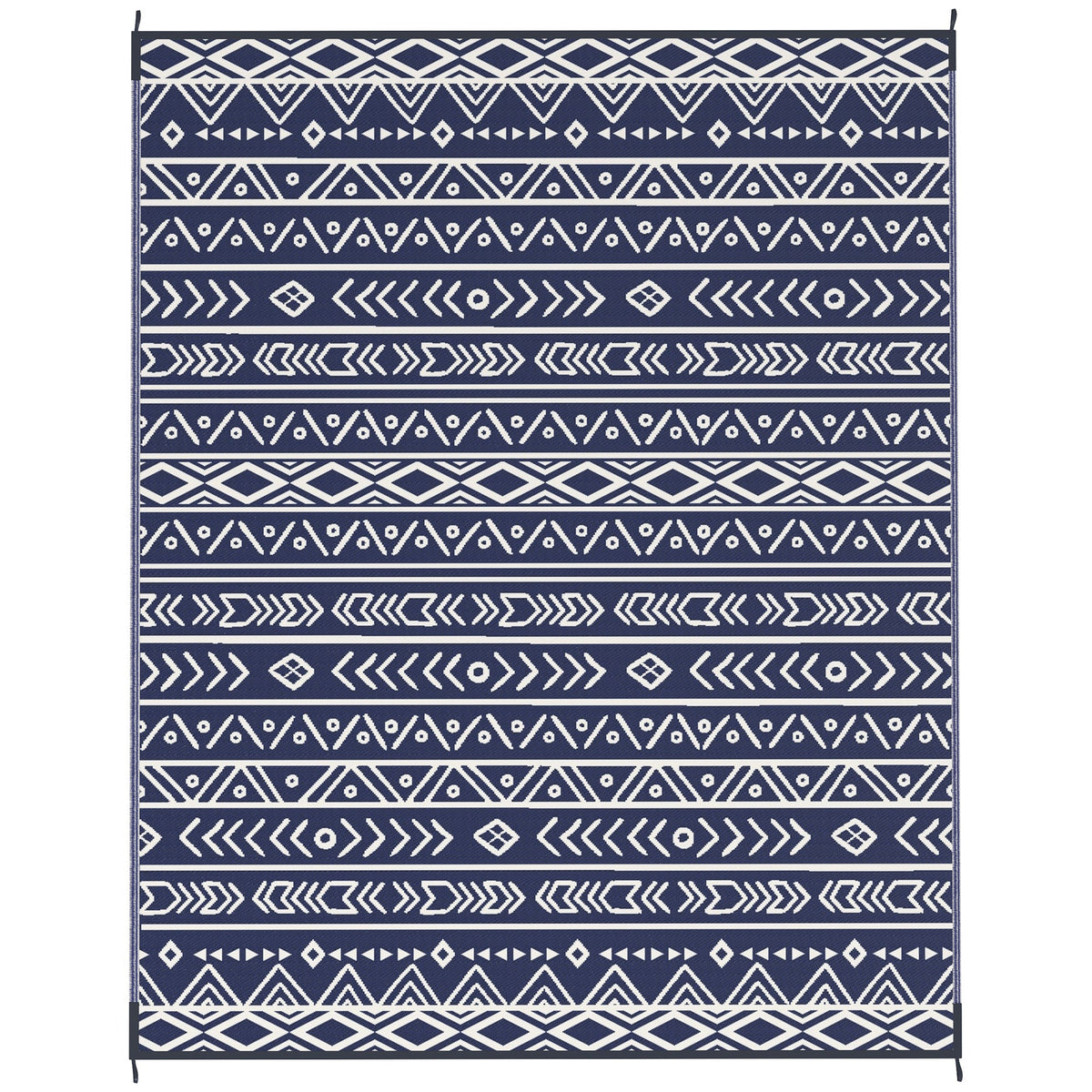 8' x 10' Reversible Waterproof Plastic Straw Outdoor Rug in Blue & White Geometric
