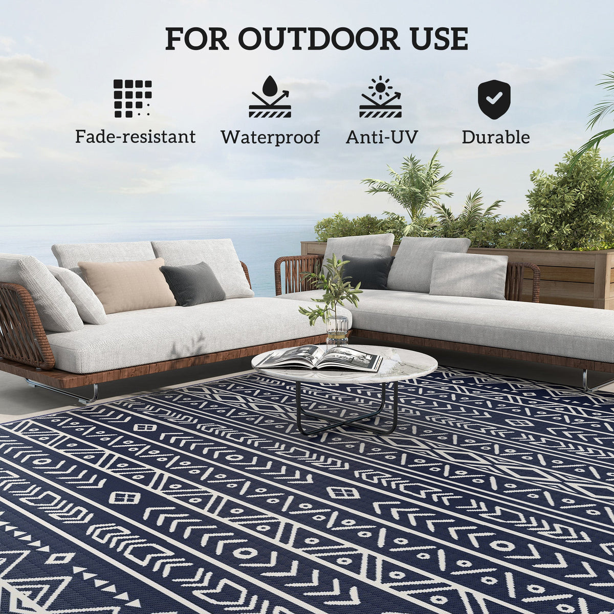 8' x 10' Reversible Waterproof Plastic Straw Outdoor Rug in Blue & White Geometric