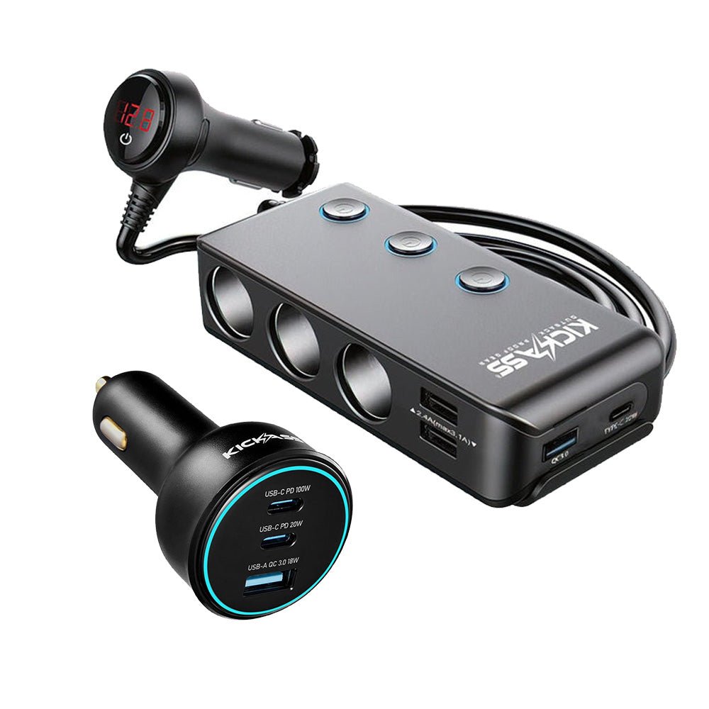 KickAss 100W Car Charger + 3 Way Cigarette Socket Splitter Bundle