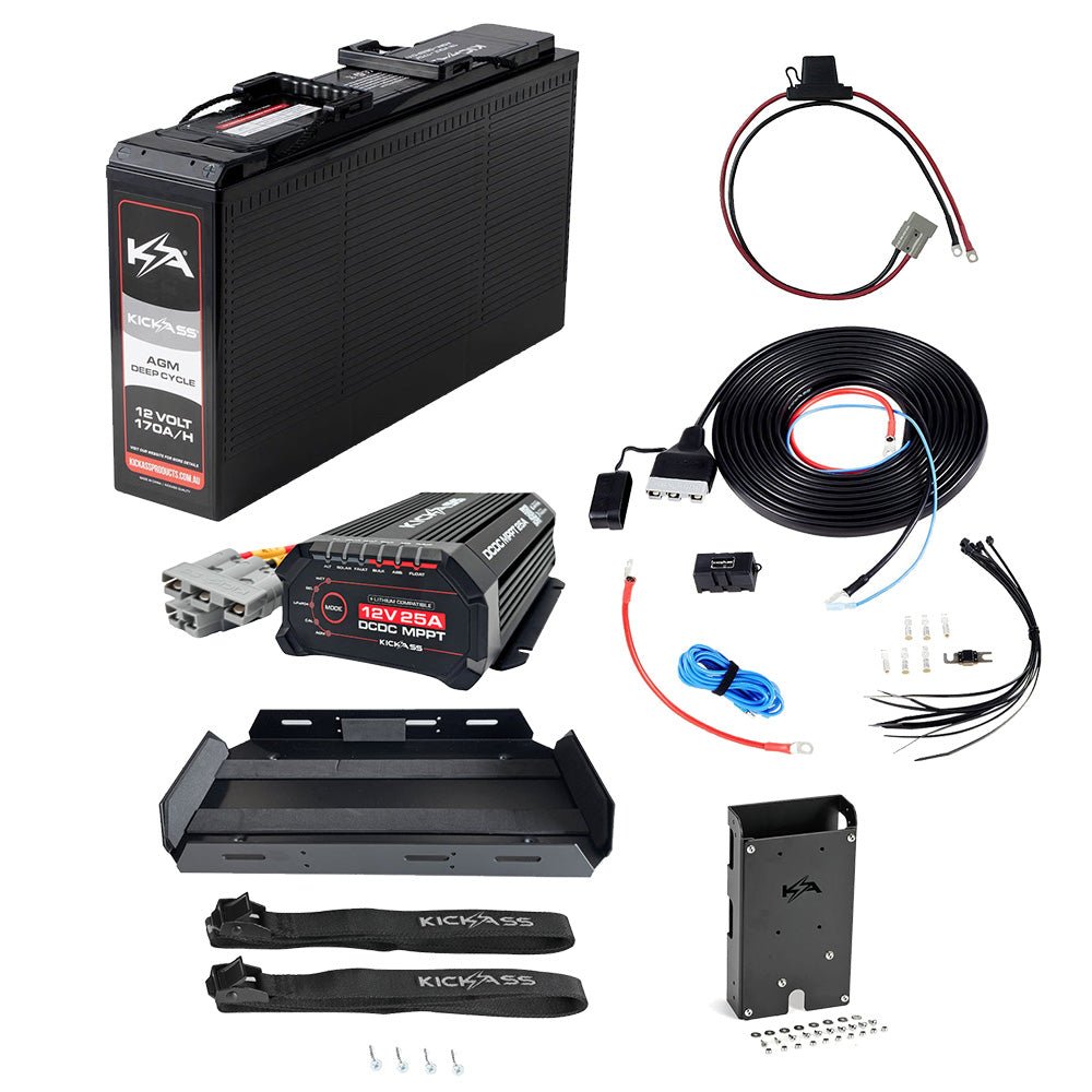 KickAss 12V 170Ah Slimline AGM Essentials Dual Battery Kit with 25A DCDC Charger, Battery Tray, Wiring Kit, Accessory Panel and Maxi Fuse Holder