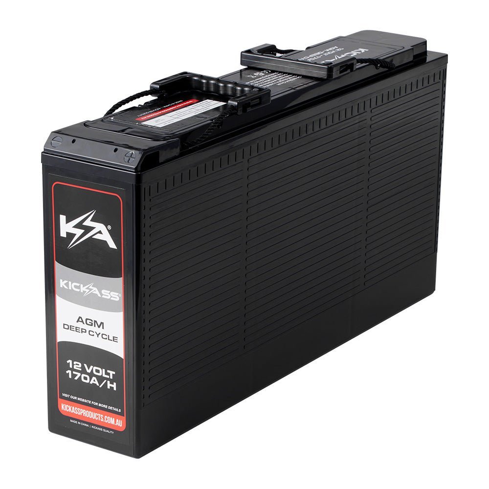 KickAss 12V 170Ah Slimline AGM Essentials Dual Battery Kit with 25A DCDC Charger, Battery Tray, Wiring Kit, Accessory Panel and Maxi Fuse Holder