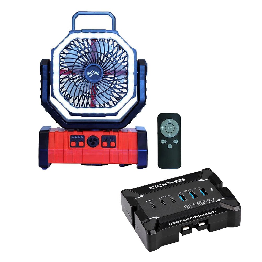 KickAss 12V Anderson To USB Fast Charger + Fan with LED Light & Power Bank Bundle