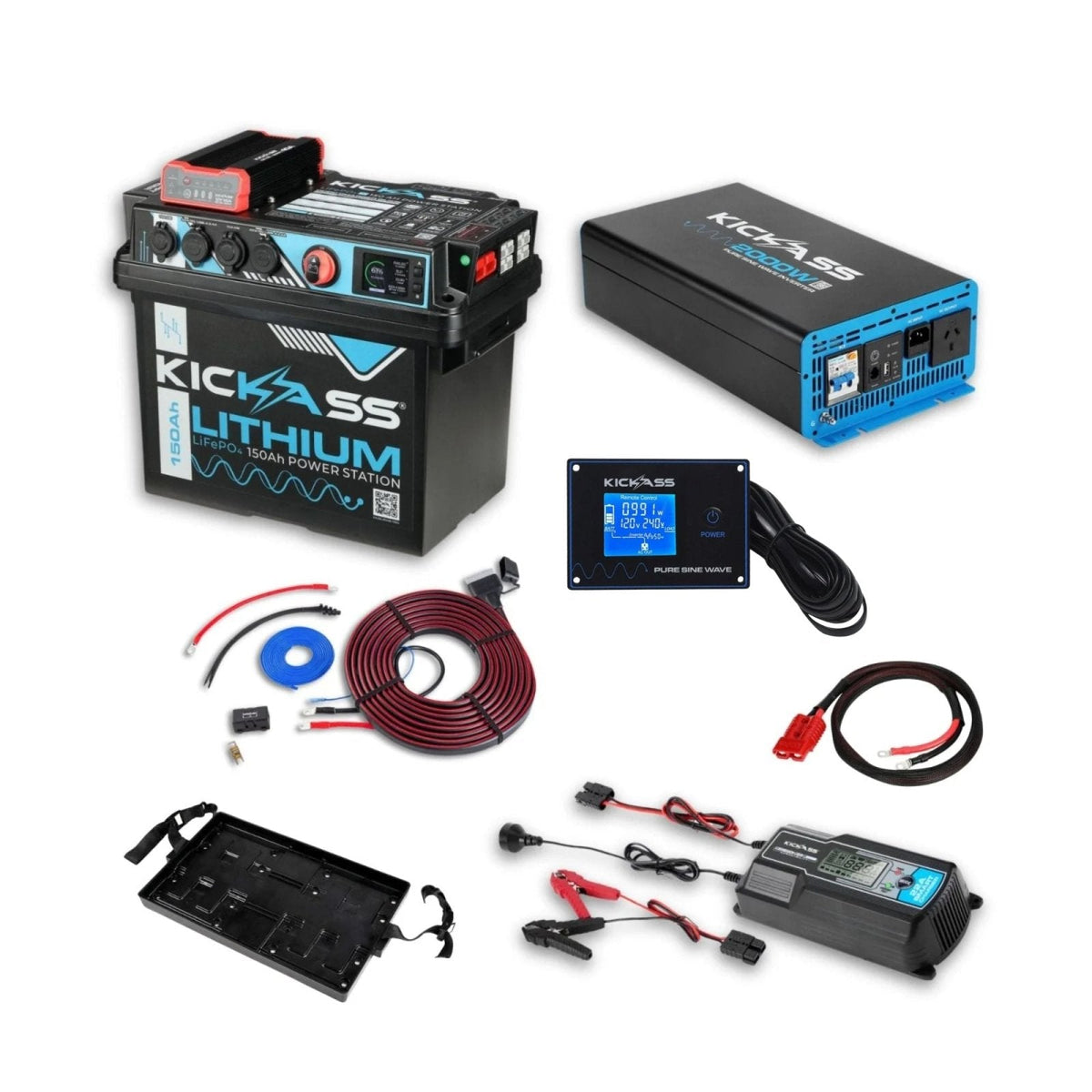 KickAss 12V 150Ah Lithium Power Station Complete Dual Battery Kit with 2000W Inverter, DCDC Charger, Display Panel, Tray & Wiring