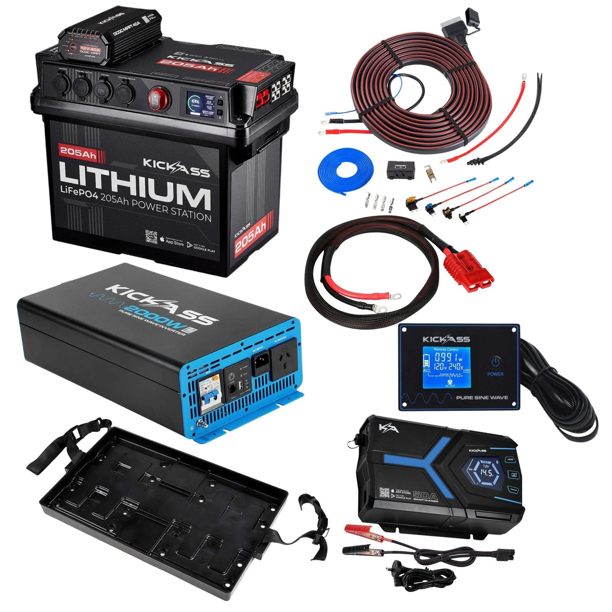 KickAss 205Ah Lithium Battery Box Complete Dual Battery Kit with 2000W Inverter, AC Charger & Wiring