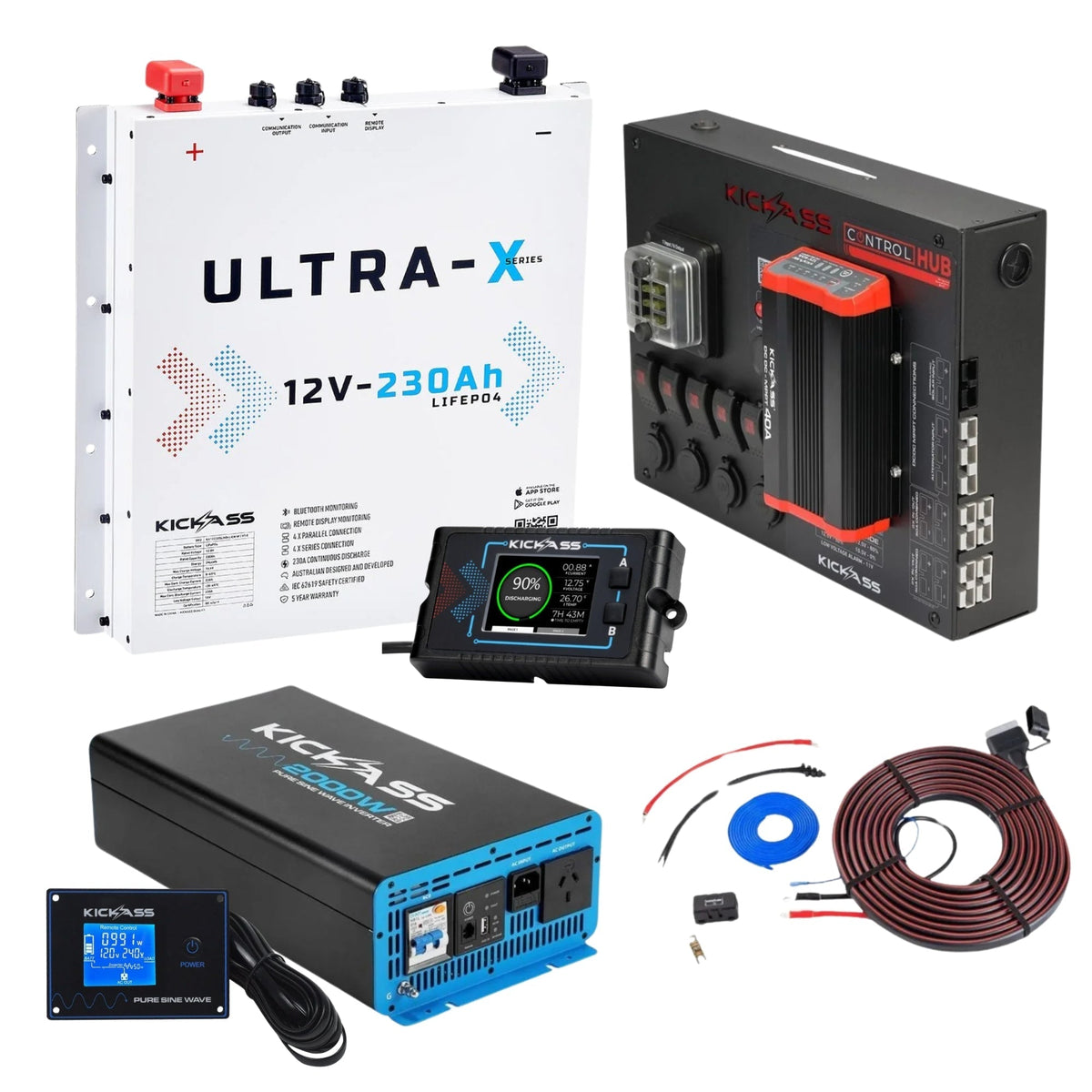KickAss Smart 12V 230Ah Ultra-X Lithium Slimline Complete Dual Battery Kit - Arctic White with 2000W Inverter, 40A DCDC Charger, Display Panel, Wiring