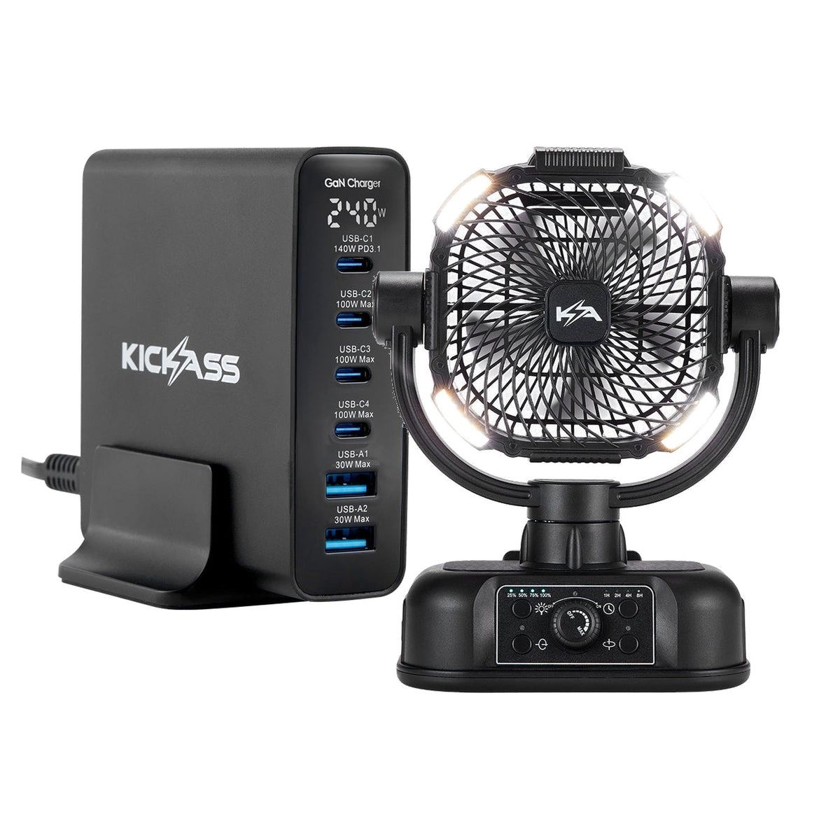 KickAss 240W GaN USB-C Charger + 360 Oscillating Camping Fan Bundle