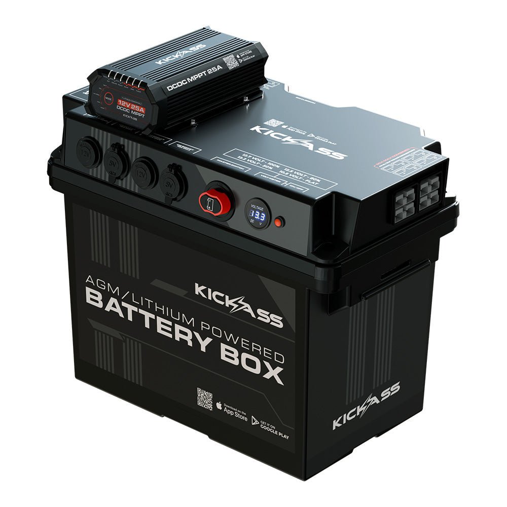 KickAss Battery Box with 25A DCDC Bundle with 120Ah AGM Battery, Wiring Kit, 22A Charger, USB Charger and Extension Lead