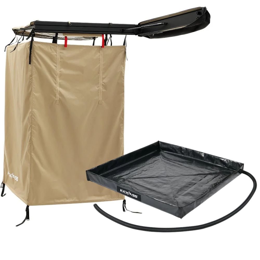 KickAss Premium Shower Awning with Swing Arm + Base Bundle