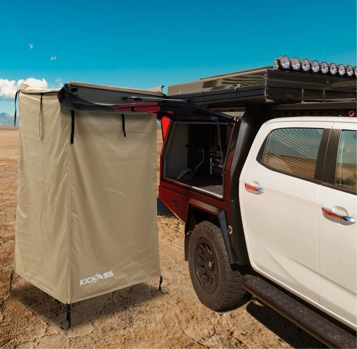 KickAss Premium Shower Awning with Swing Arm & LED Light Strip