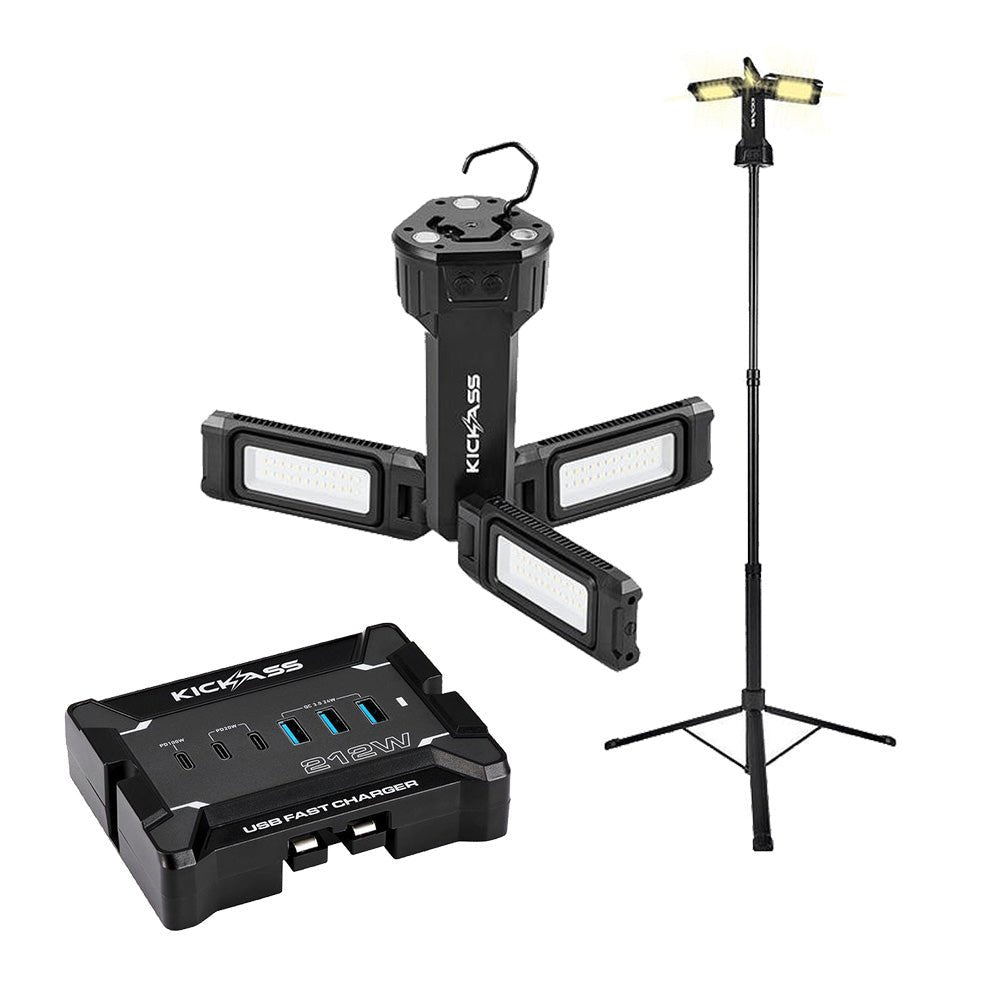 KickAss Rechargeable 1.7m Tripod Camping Light + 12V Anderson To USB Fast Charger Bundle