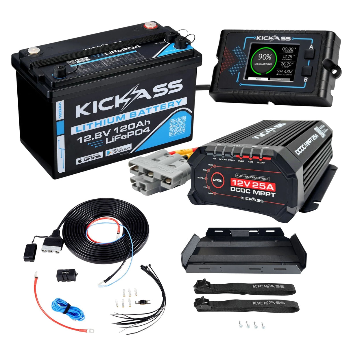 KickAss Smart 12V 120Ah Lithium Premium Dual Battery Kit with 25A DCDC Charger, Display Panel, Tray & Wiring