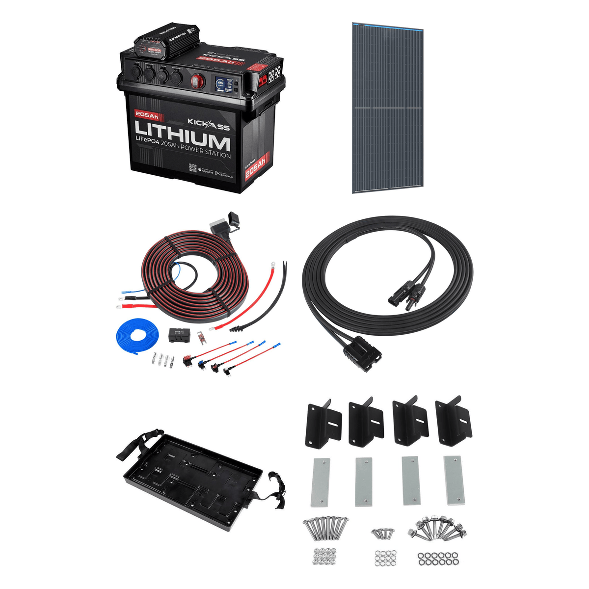 KickAss Smart 205Ah Lithium Battery Box Power Station Bundle with 250W Fixed Solar Panel, DCDC Wiring Kit & Tray