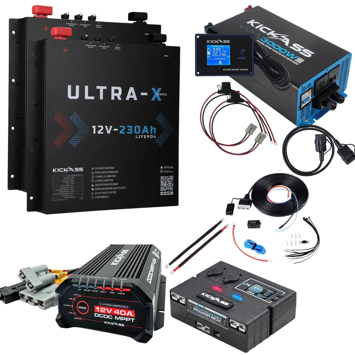 KickAss Twin 12V 230Ah Ultra-X Slimline Lithium Dual Battery Kit with 3000W Inverter, 40A DCDC Charger, Control Box, Display Panel, Wiring - 460Ah Capacity
