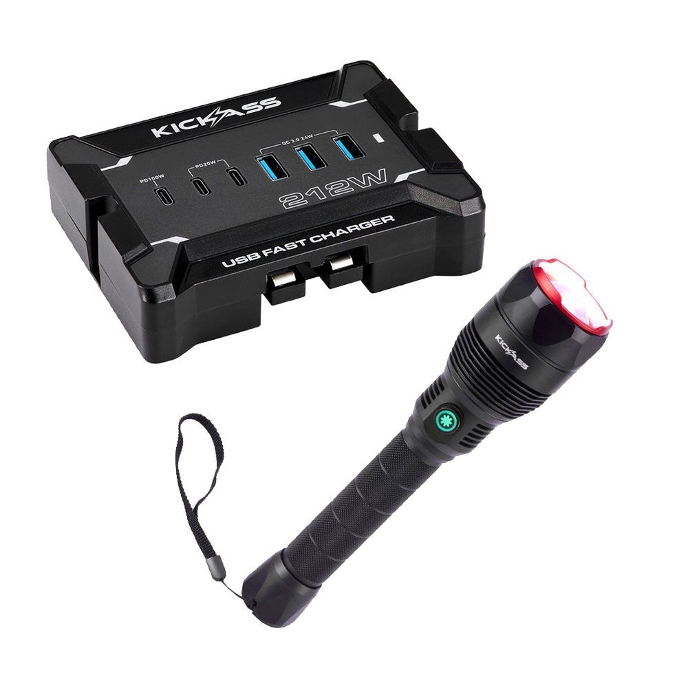 KickAss Ultra Zoom 1000 LED Flashlight + 12V Anderson To USB Fast Charger Bundle