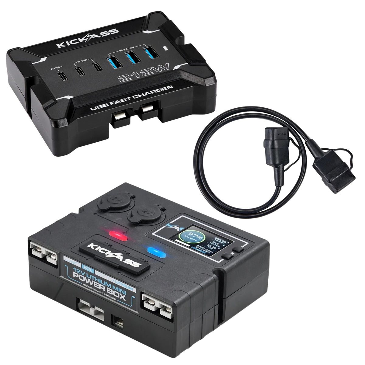 KickAss 12V USB Fast Charger Bundle with Control Box, Battery Monitor & Extension Cable - 1m