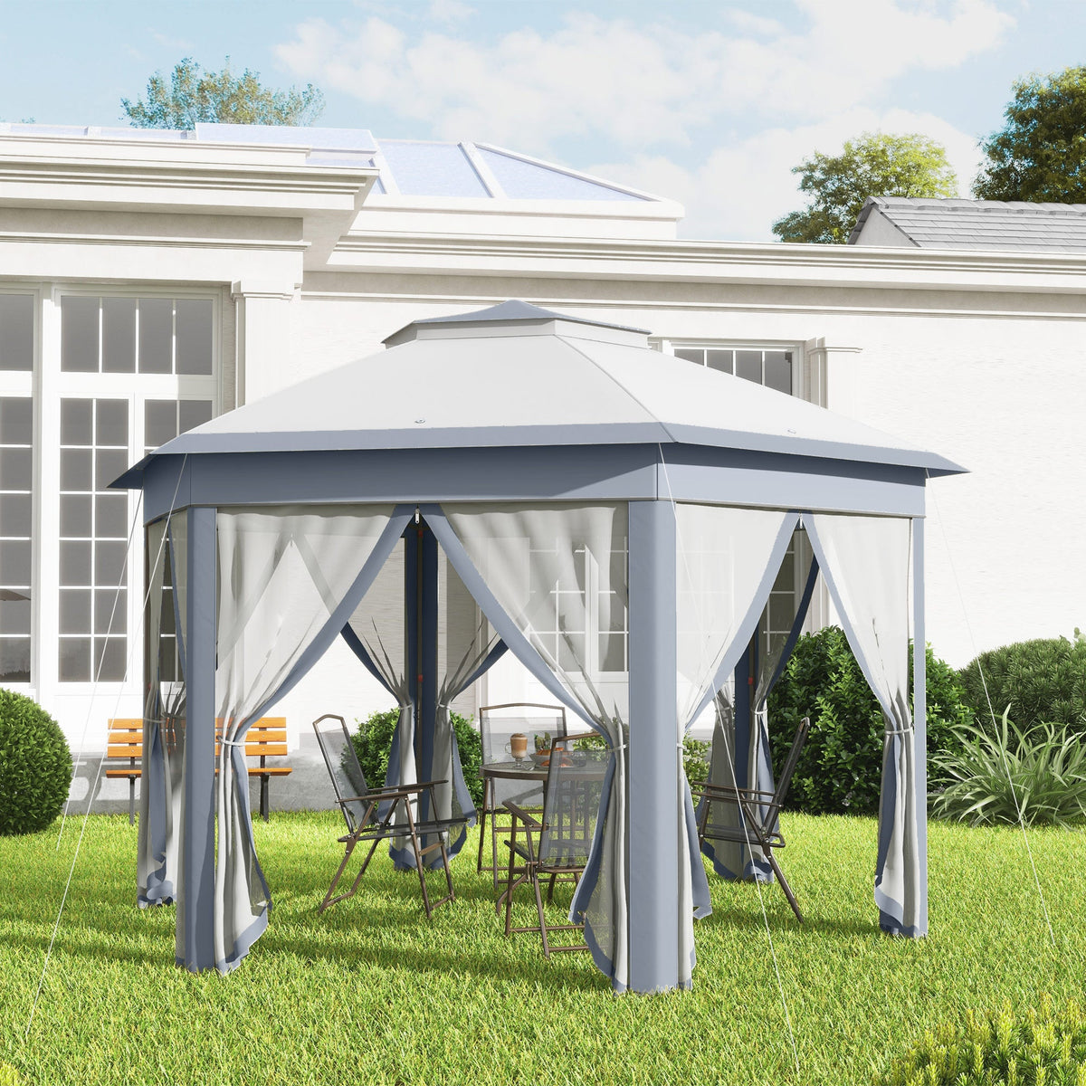 13' x 13' Hexagonal Pop Up Gazebo with Mesh Netting, Gray