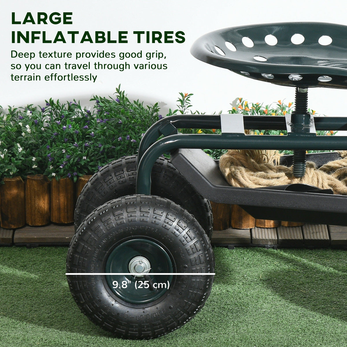 Garden Cart with Seat on Wheels, Tool Tray, 360° Swivel, Height Adjustable