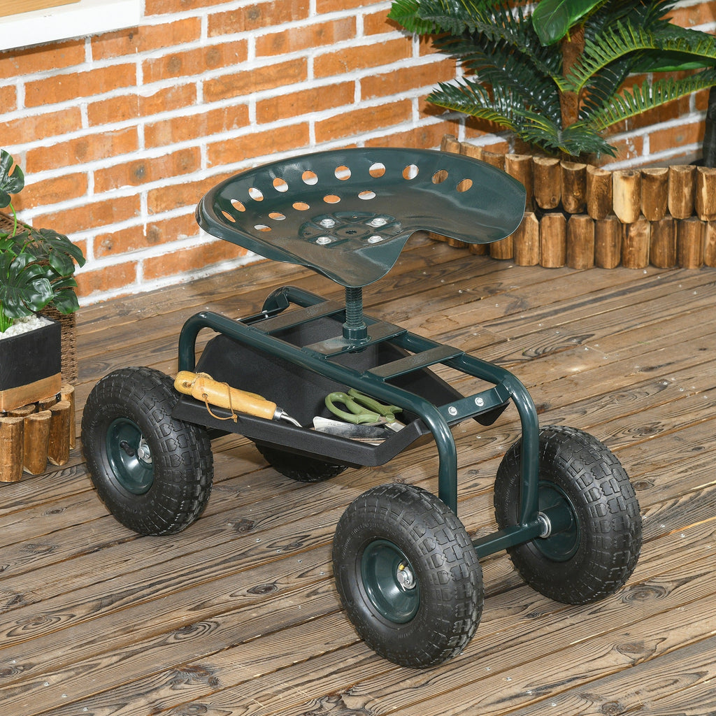 Garden Cart with Seat on Wheels, Tool Tray, 360° Swivel, Height Adjustable