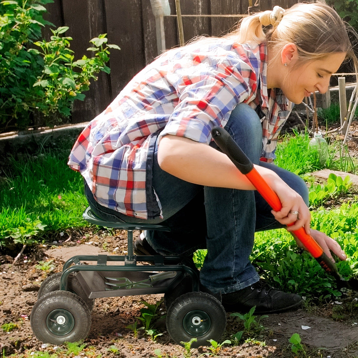Garden Cart with Seat on Wheels, Tool Tray, 360° Swivel, Height Adjustable