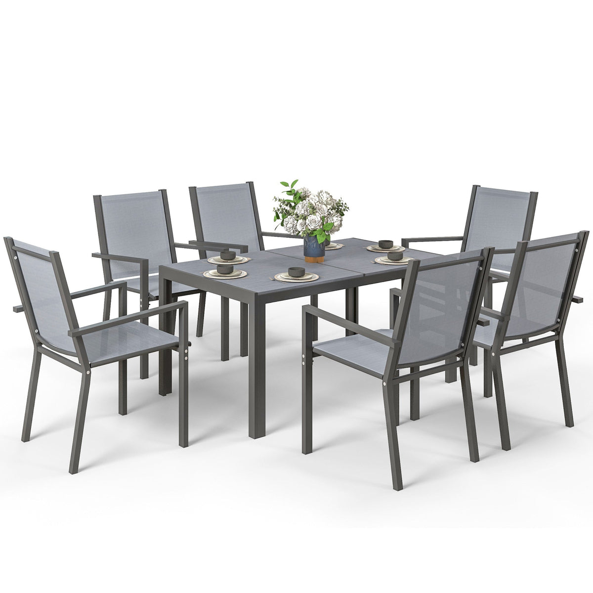 7pc Patio Dining Set with WPC Table and 6 Stackable Chairs, Light Grey