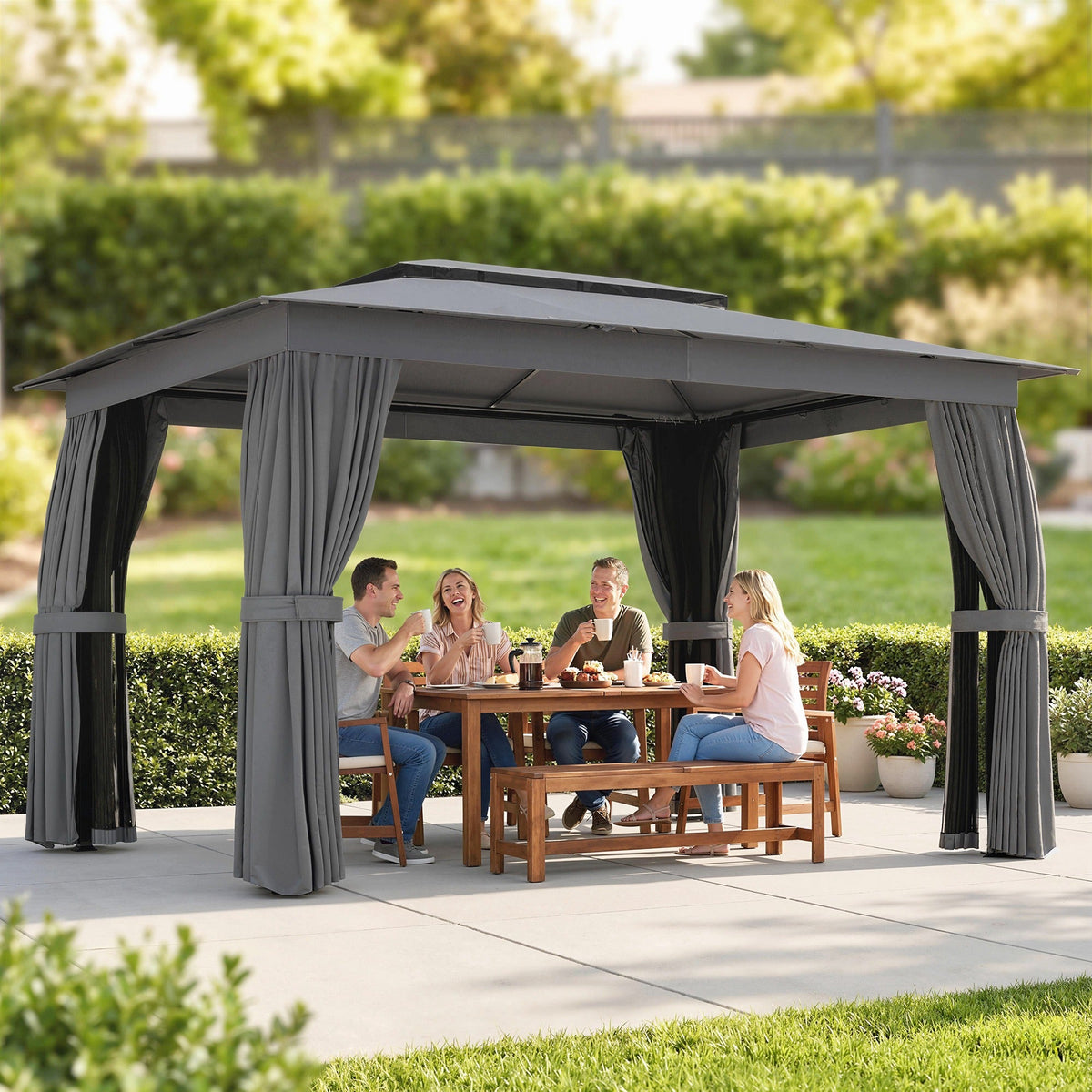 10' x 12' Soft Top Gazebo Canopy Shelter with Double Roof, UPF30+ Protection, Dark Gray