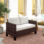 2 Seater Rattan Garden Sofa with Cushions & Armrests, Brown