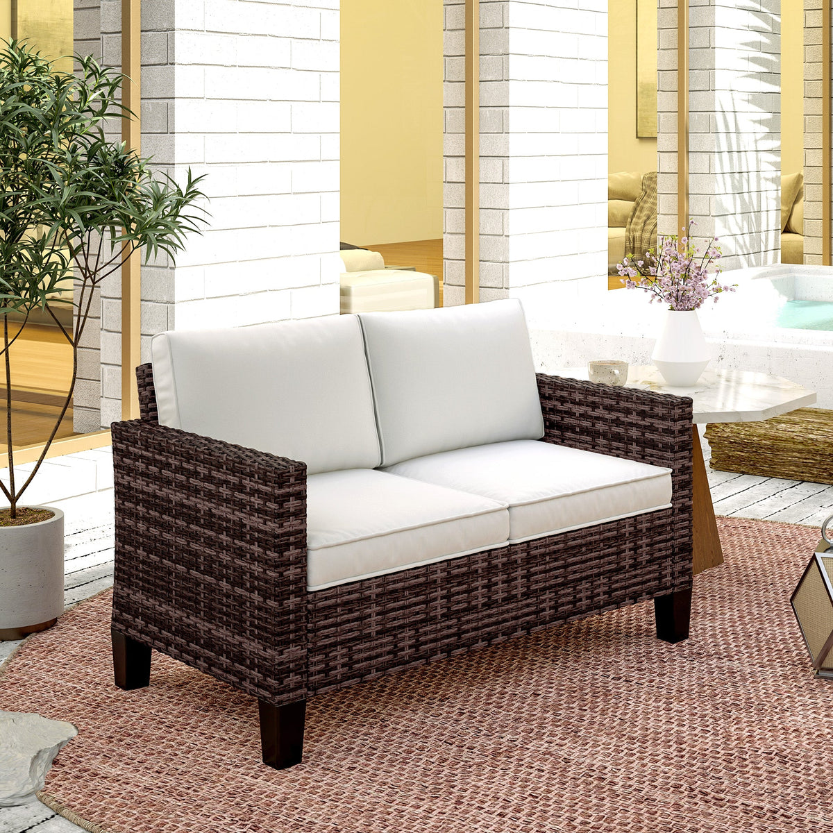 2 Seater Rattan Garden Sofa with Cushions & Armrests, Brown