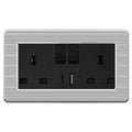 13A 2-Gang Double UK Socket with USB-A USB-C | Stainless Steel Brushed / Black