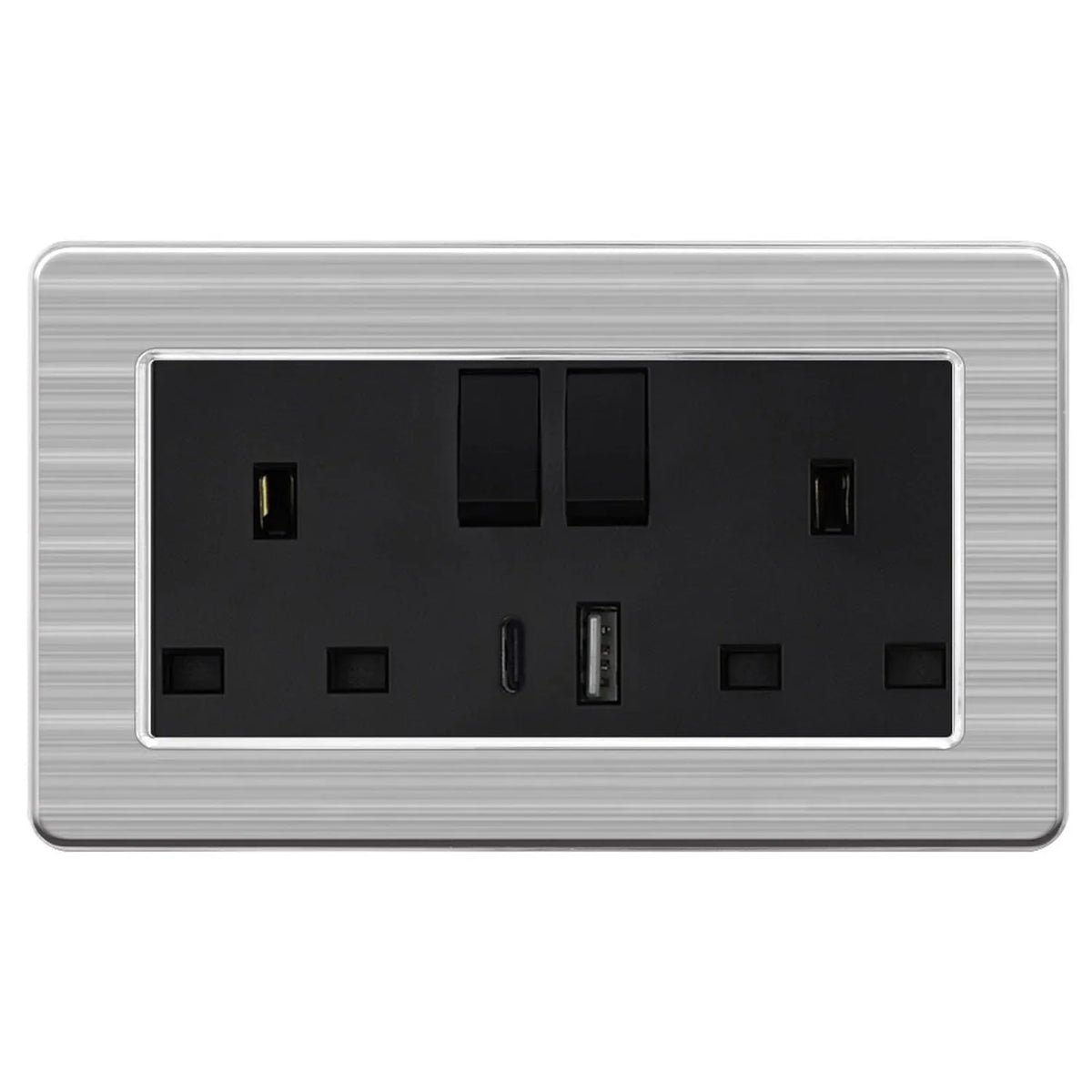 13A 2-Gang Double UK Socket with USB-A USB-C | Stainless Steel Brushed / Black
