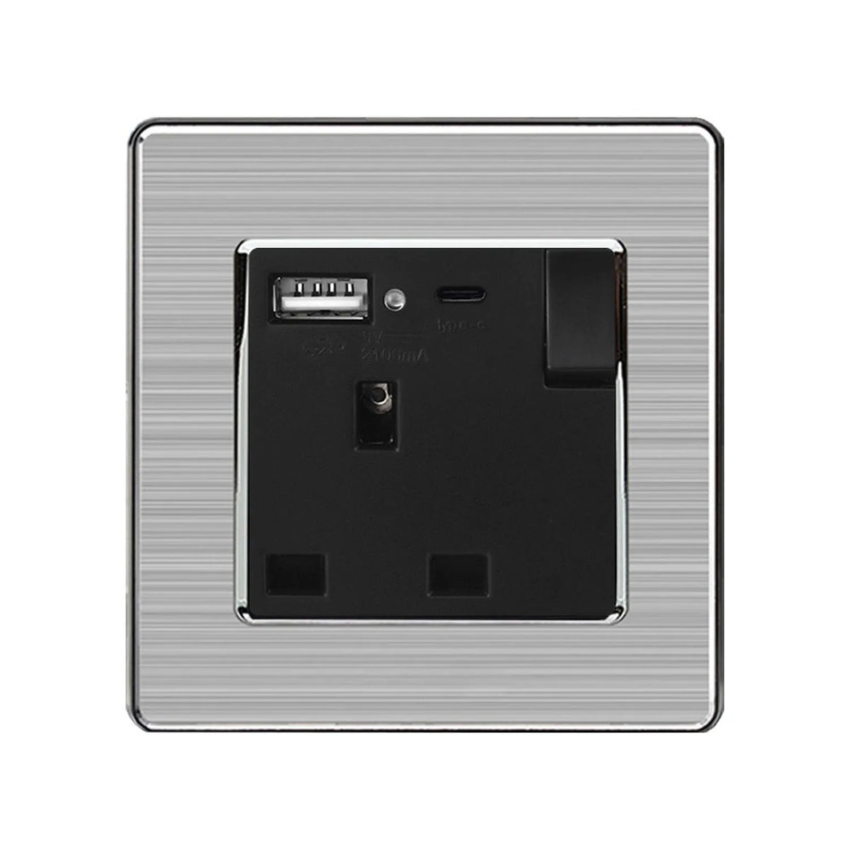 13A 1-Gang Switched Socket USB A & C Brushed Steel Black | Ledison