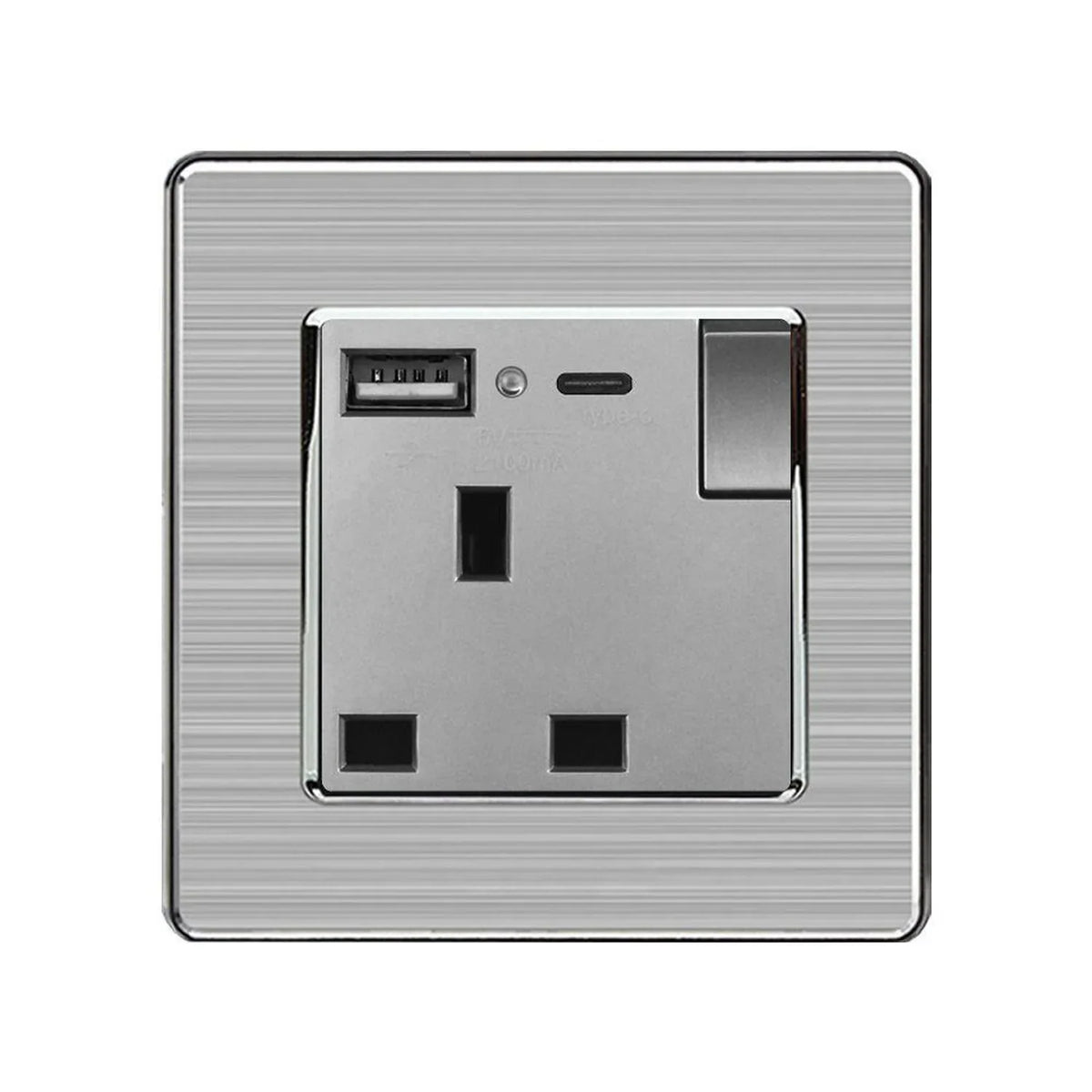 13A 1-Gang Switched Socket with USB A & C Ports | Ledison Brushed Steel