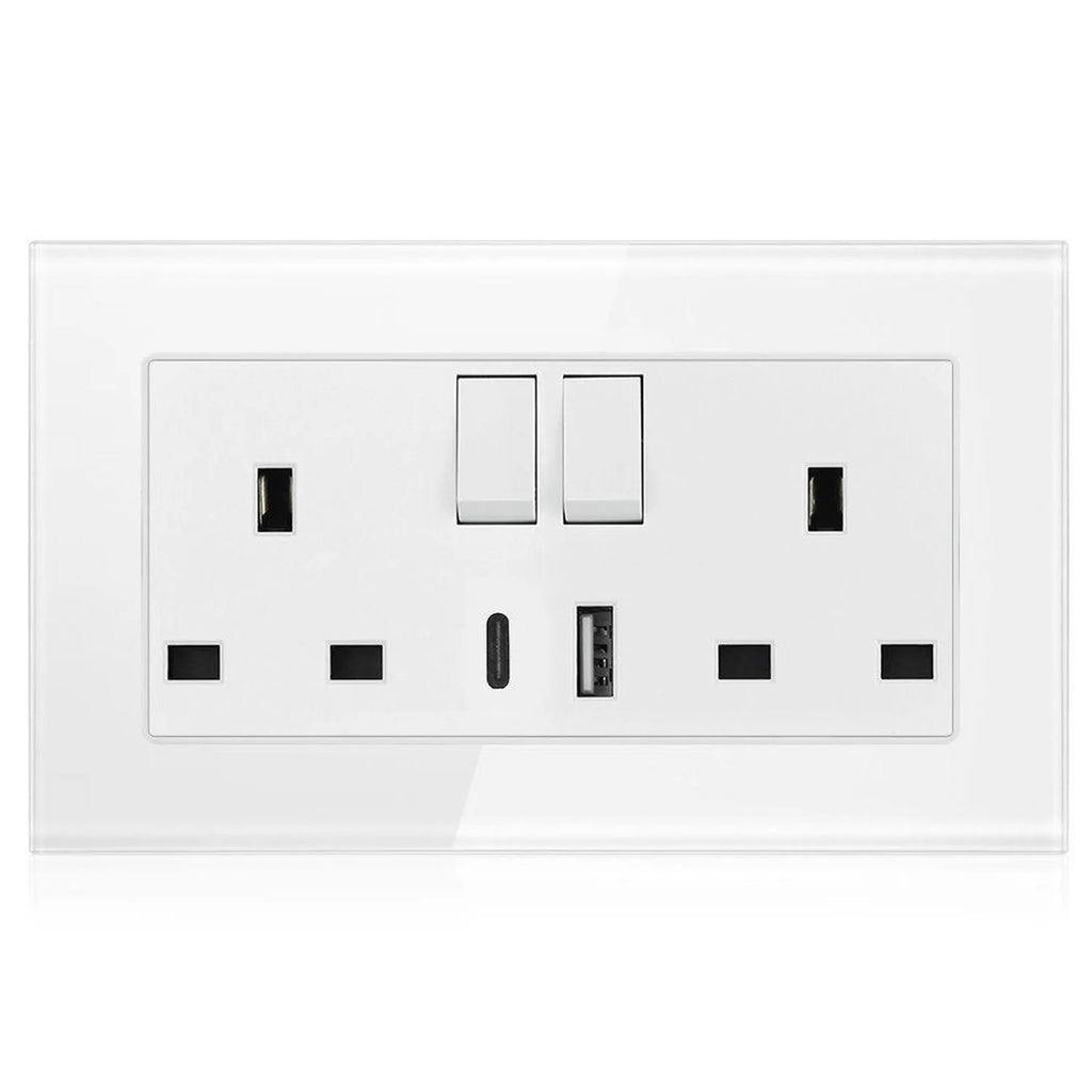 13A 2-Gang Switched Socket USB Type A & C | Ledison Tempered Glass