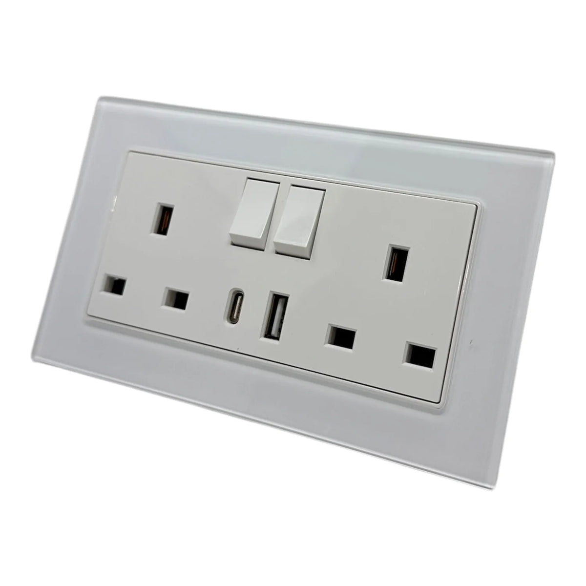 13A 2-Gang Switched Socket USB Type A & C | Ledison Tempered Glass