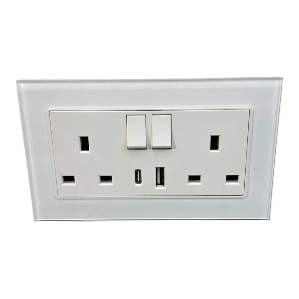 13A 2-Gang Switched Socket USB Type A & C | Ledison Tempered Glass