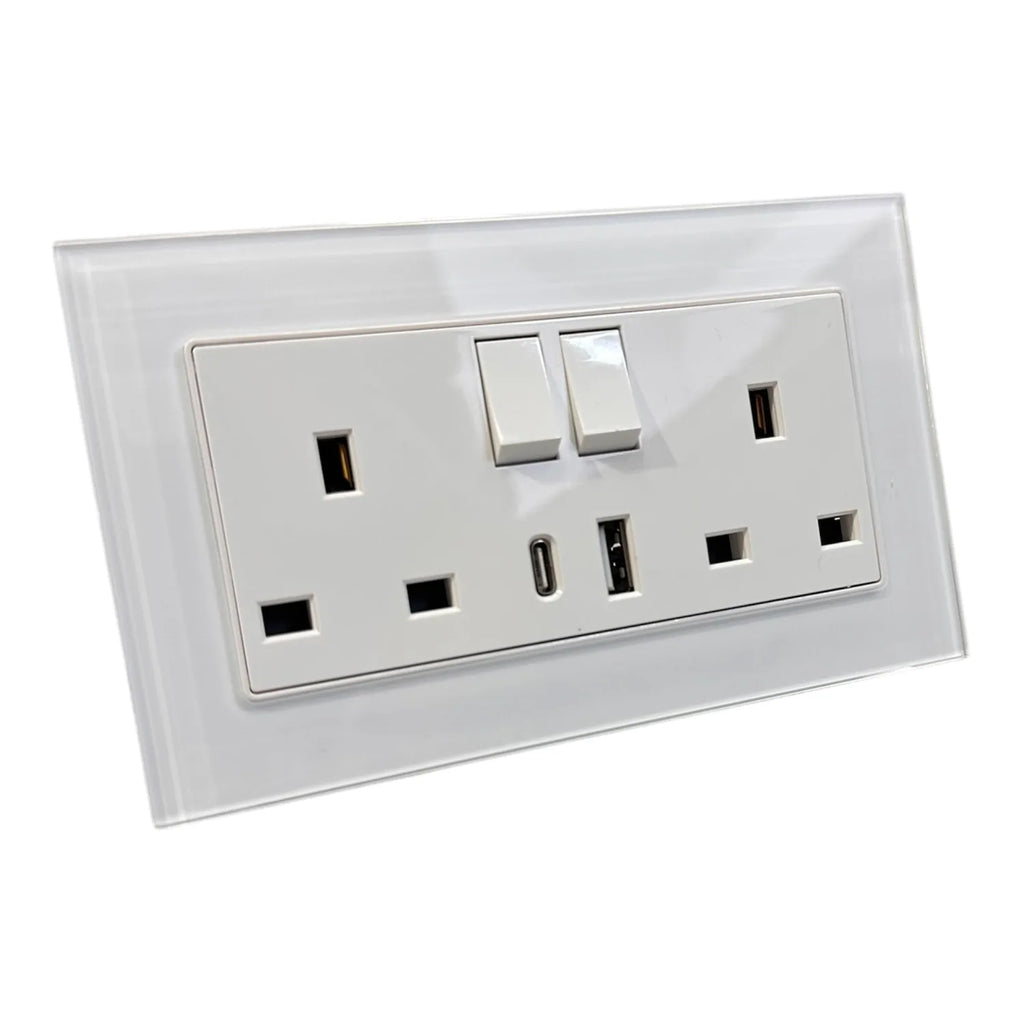 13A 2-Gang Switched Socket USB Type A & C | Ledison Tempered Glass