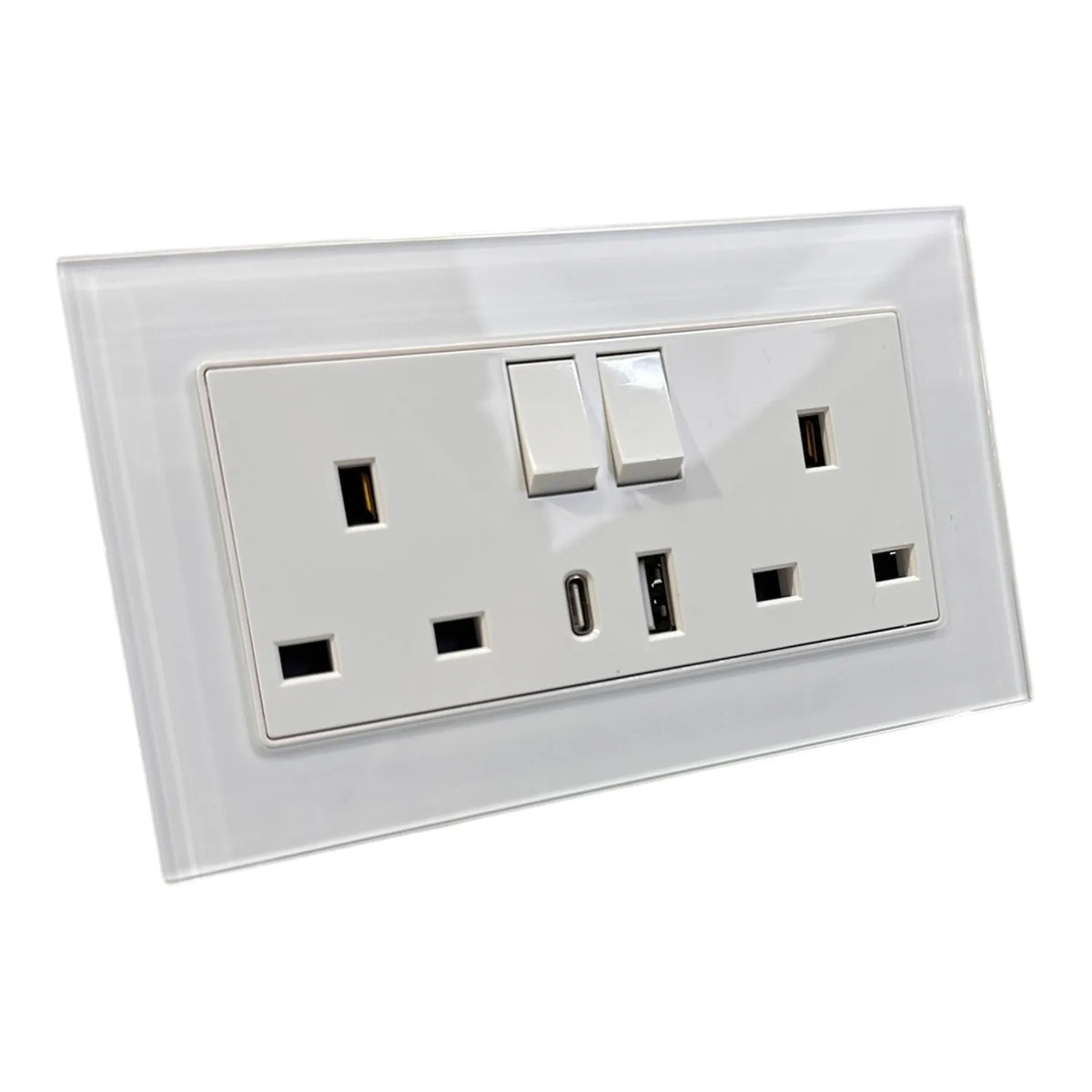 13A 2-Gang Switched Socket USB Type A & C | Ledison Tempered Glass