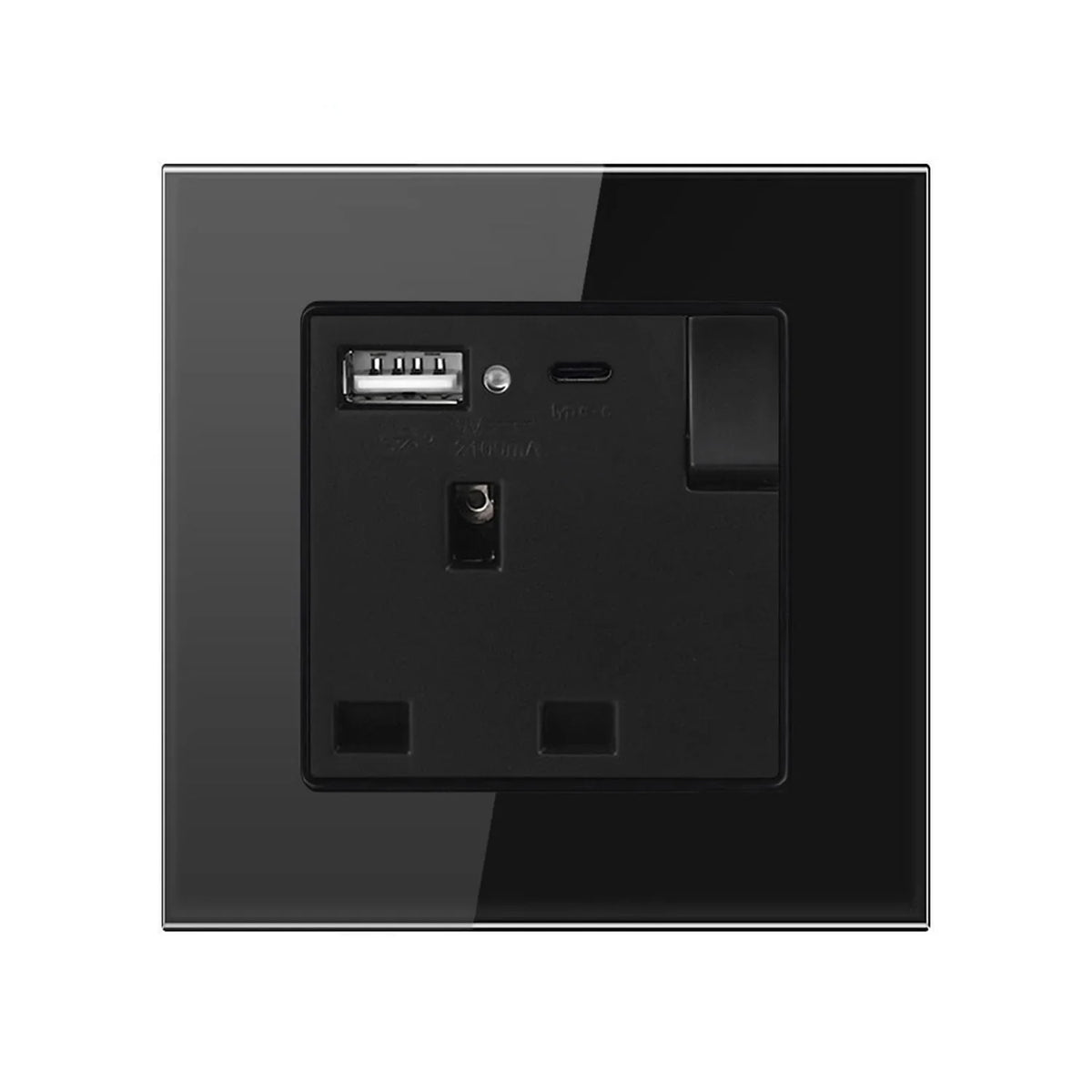 13A 1-Gang Switched Socket with USB A & C Ports | Black Tempered Glass