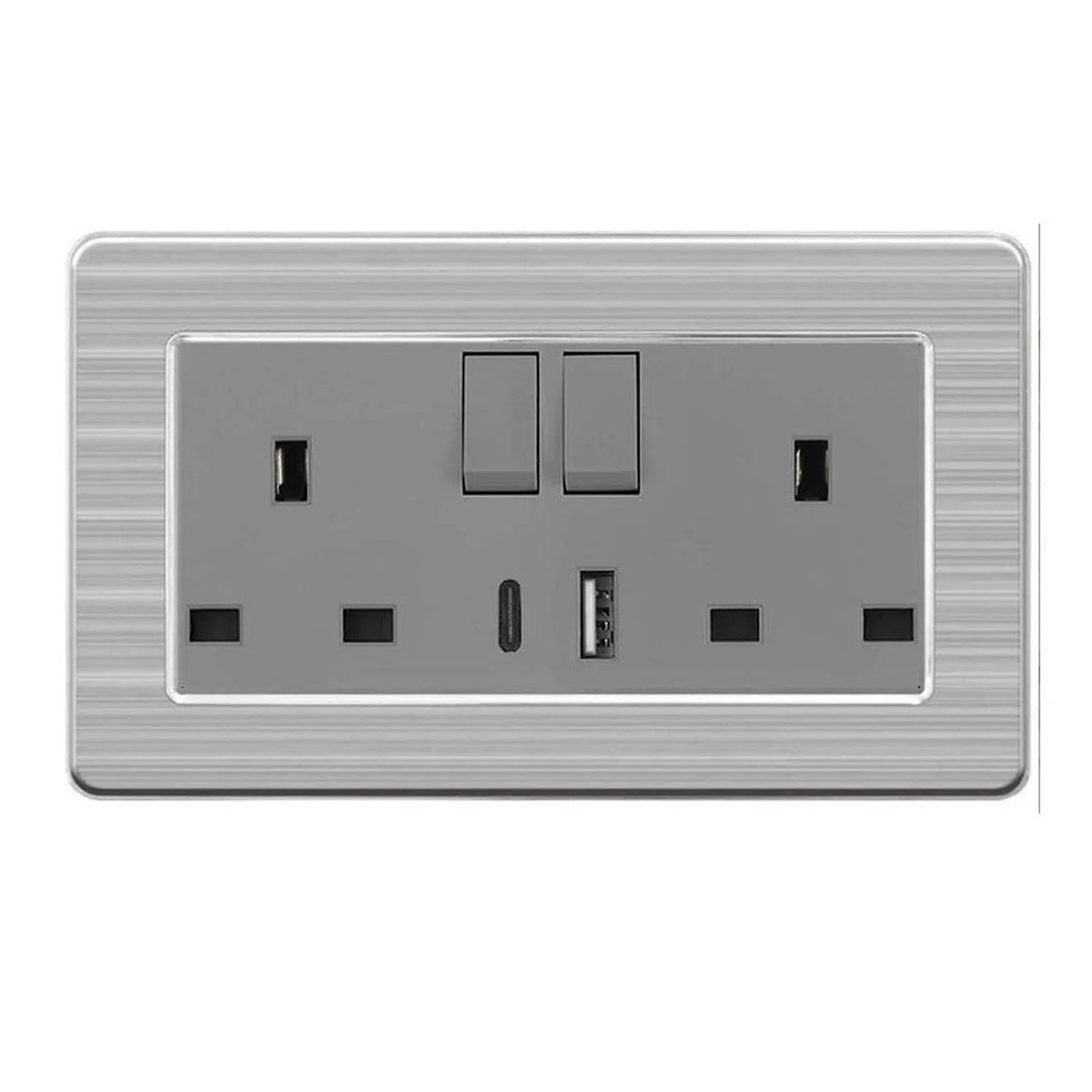 13A 2-Gang Double UK Socket with USB-A & USB-C | Ledison Brushed Steel