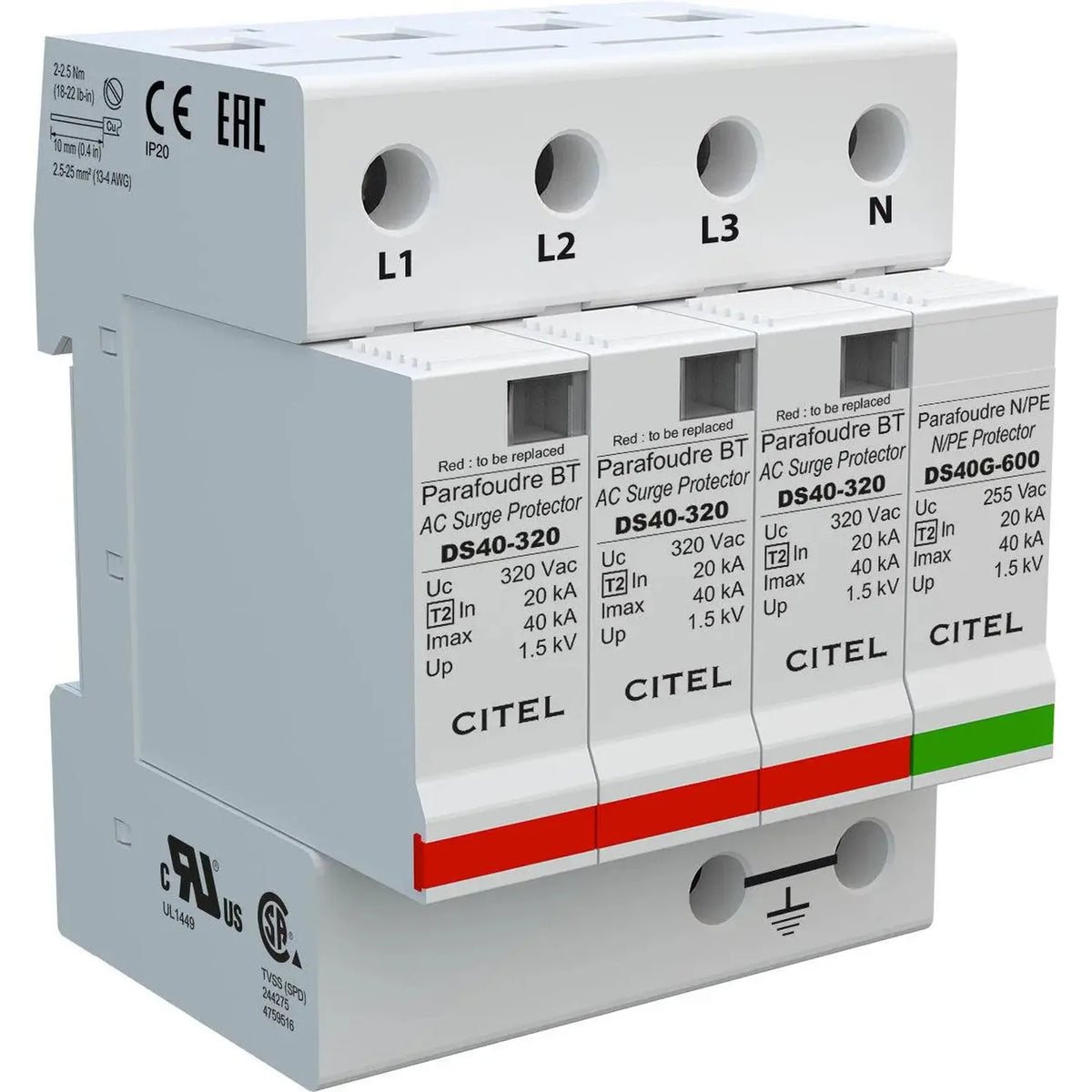AC Surge Protector Type 2 3-Phase 4-Pole 40kA | Citel DS440-230/G