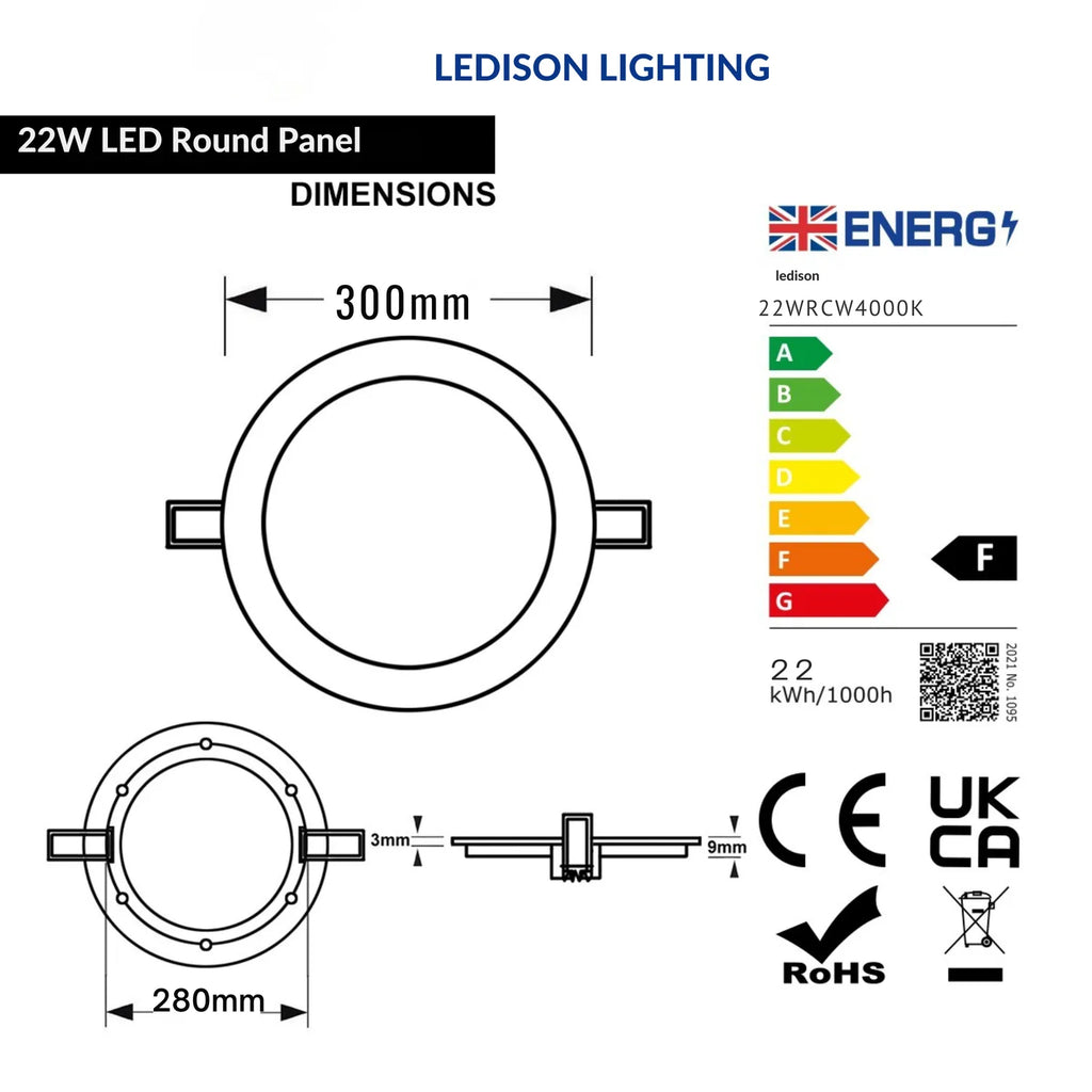 22W LED Round Recessed Ceiling Panel Light 4000K Dimmable | Ledison
