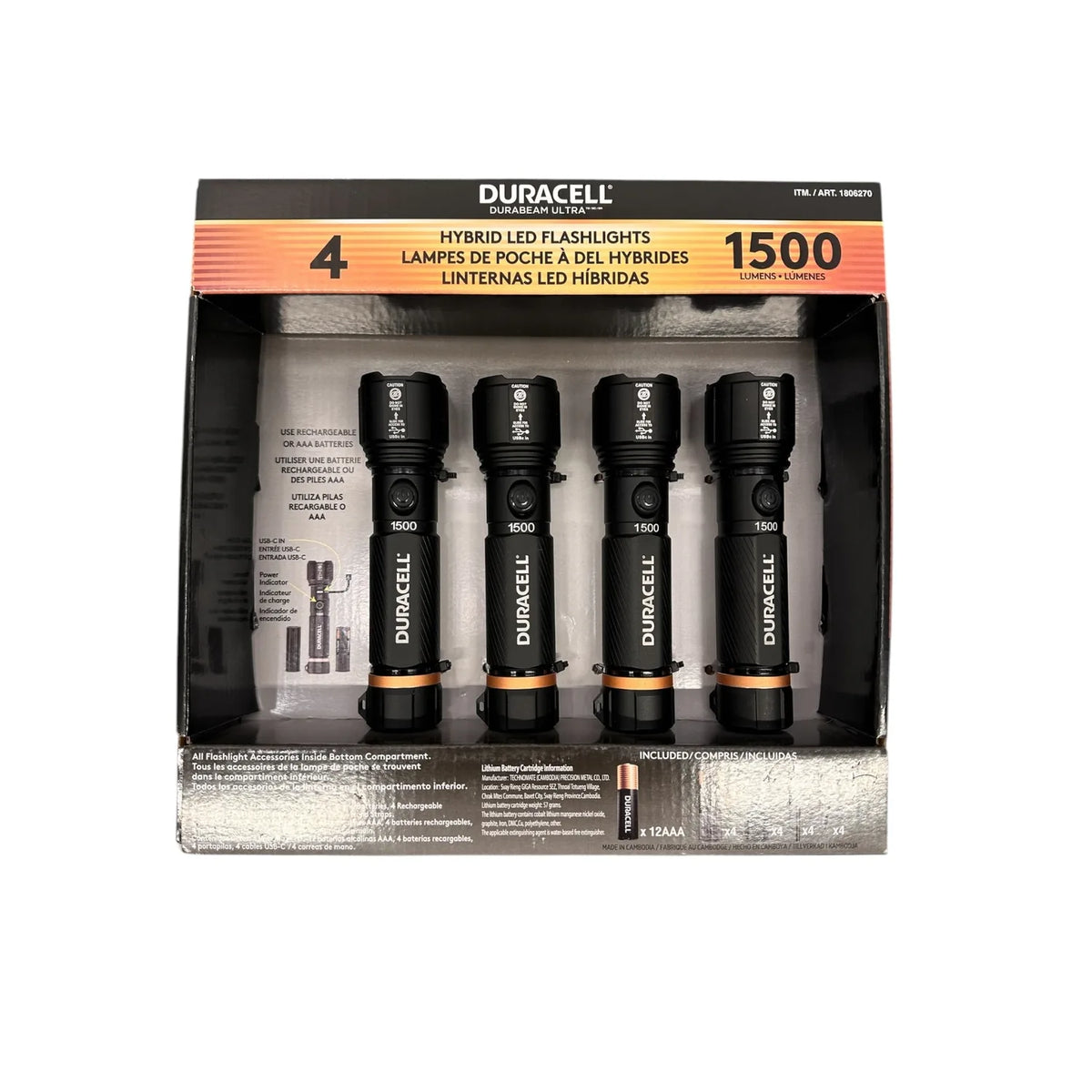 Duracell Durabeam LED Torch 1500lm Aluminium | 4 Pack With Batteries
