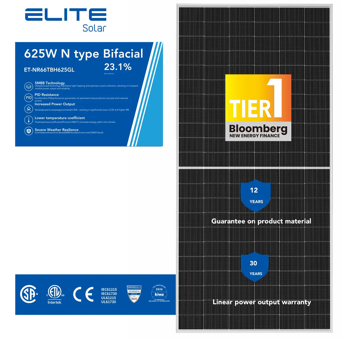 Elite Solar 625W Bifacial N-Type Dual Glass Solar Panel | Pallet of 36